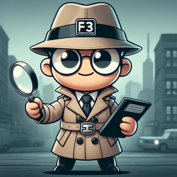 Cartoon detective with magnifying glass and clipboard representing F3 Private Investigations.