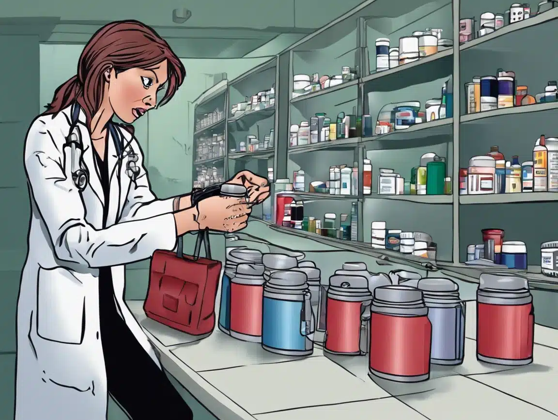 Female private investigator in lab coat examining medicine bottles at pharmacy - F3 Private Investigations