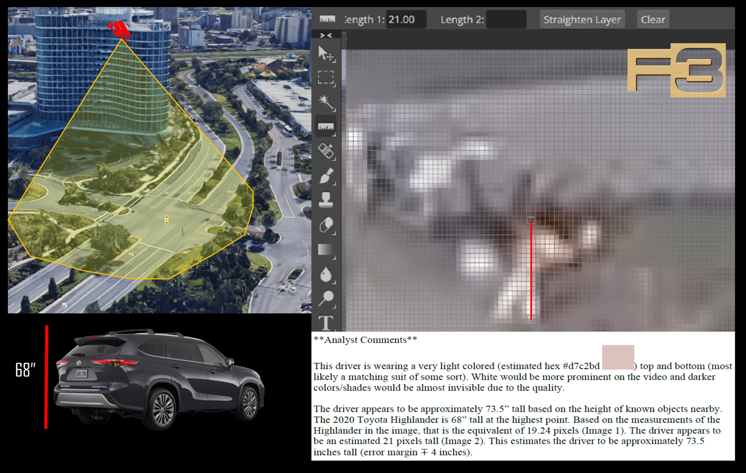 Investigation analysis showing suspect near building, Toyota Highlander, and height measurement by F3 Private Investigations.