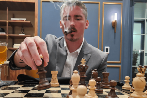 F3 Private Investigations: Investigator strategizing chess move, smoking cigar in sophisticated room.