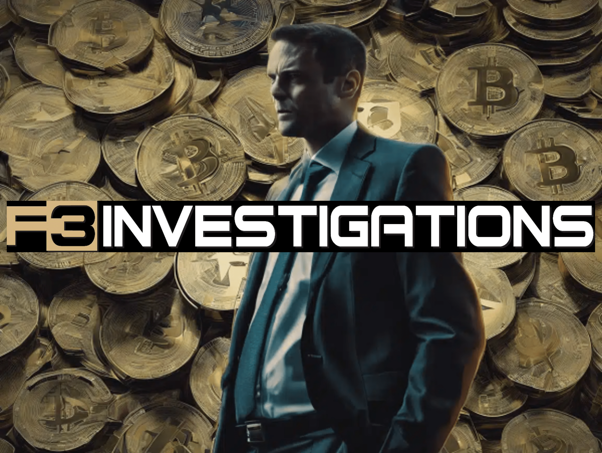 F3 Private Investigations logo overlaid on image of investigator and Bitcoin coins background, representing crypto investigation.