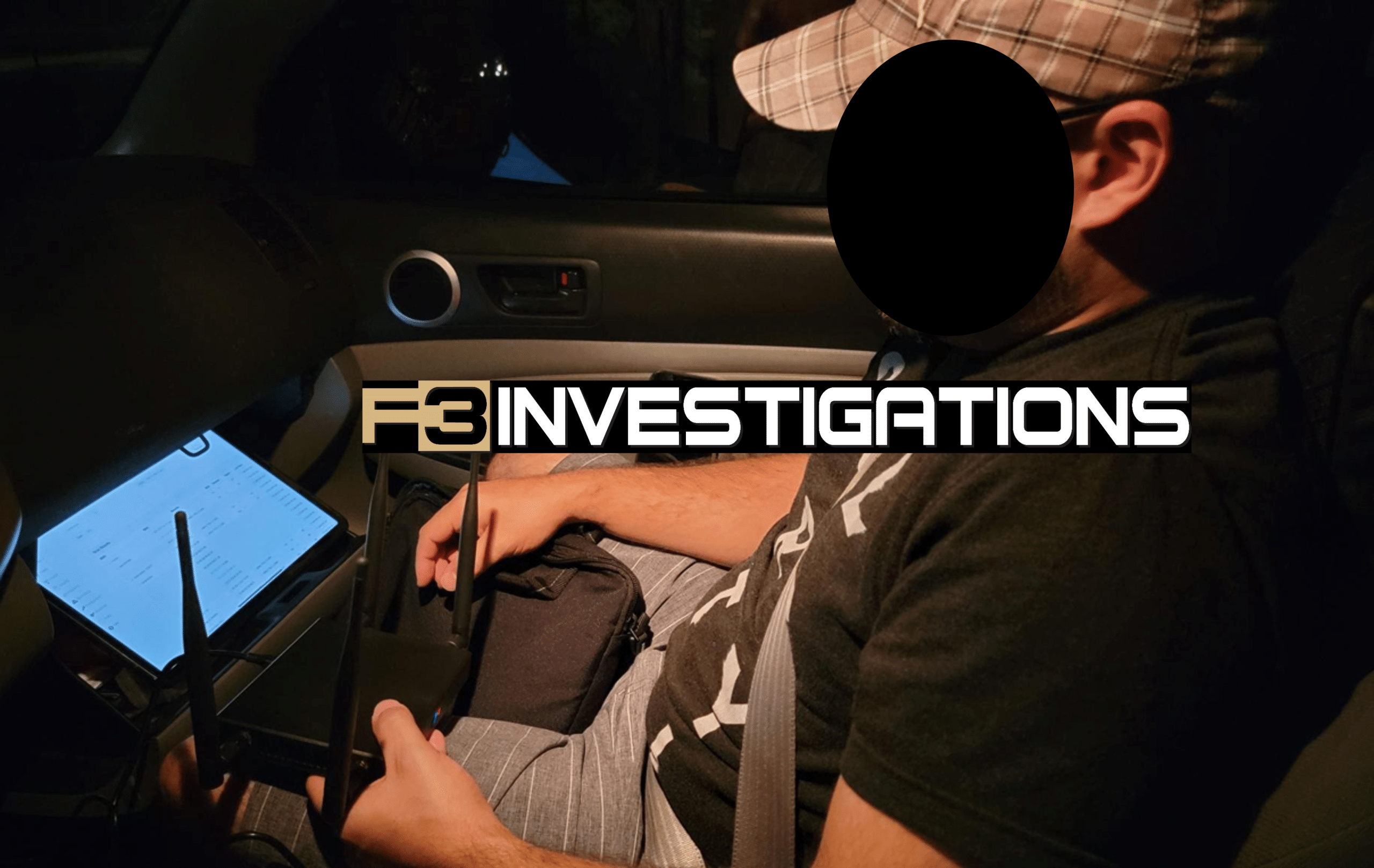 F3 Private Investigations agent conducts surveillance in a vehicle with advanced technology and monitoring equipment.