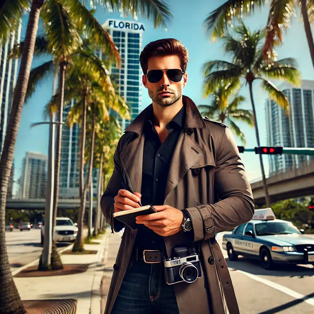 Man wearing sunglasses and trench coat in Florida