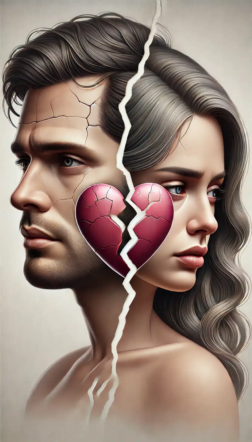 Cracked couple with broken heart symbol.