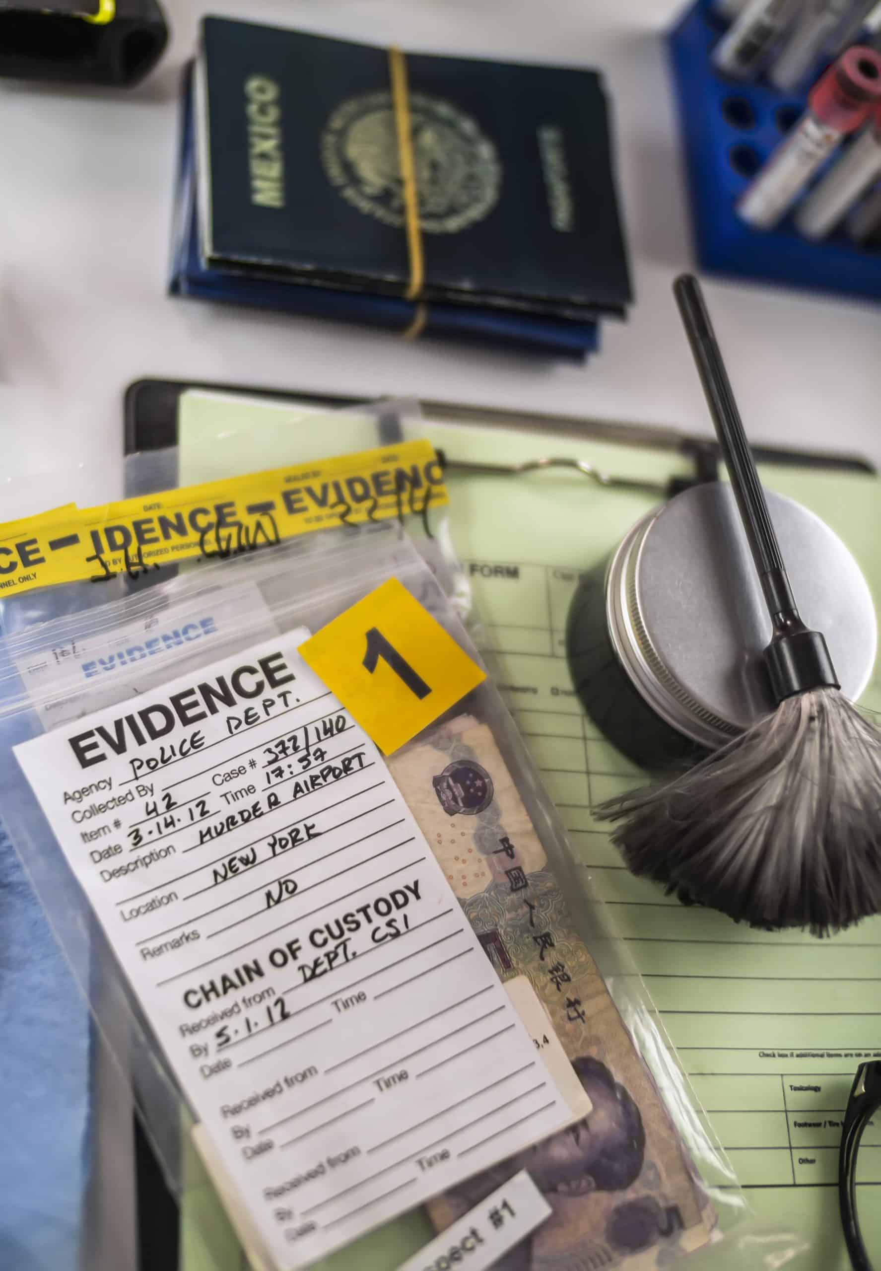 Evidence bag with fingerprinting tools and passports.