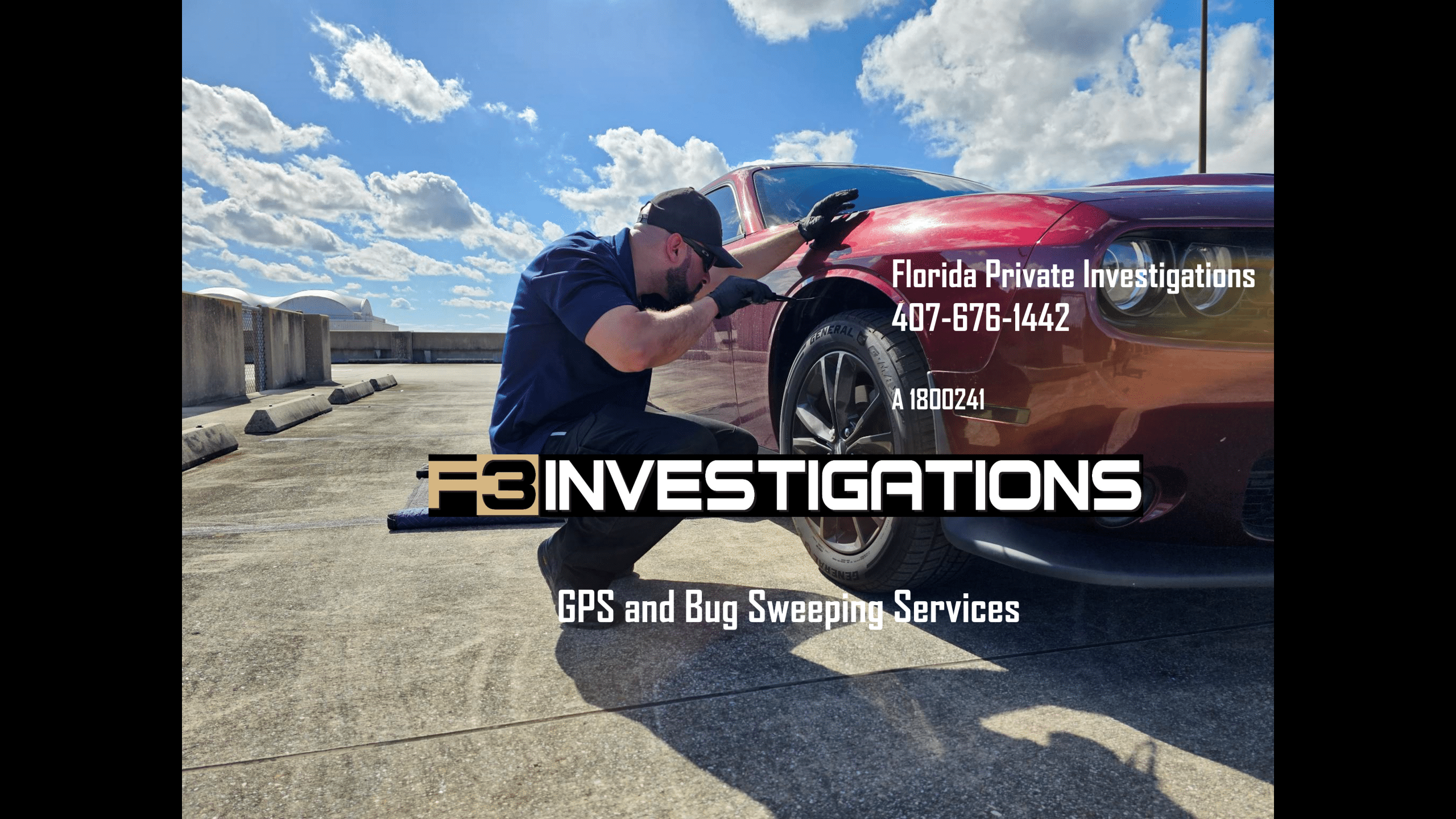 Private investigator inspecting car tire outdoors.