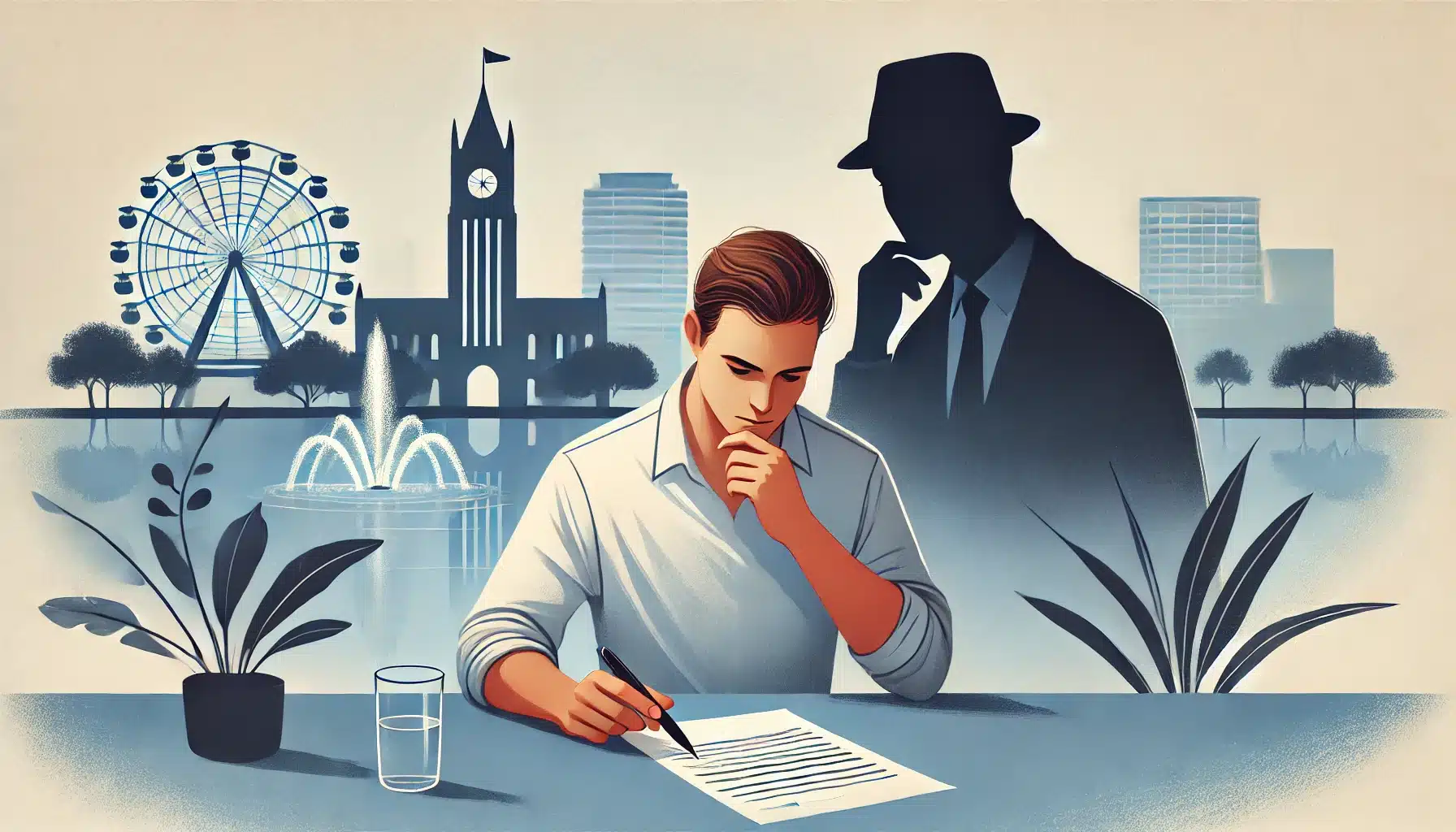 Man thinking, writing, with cityscape and silhouette background.