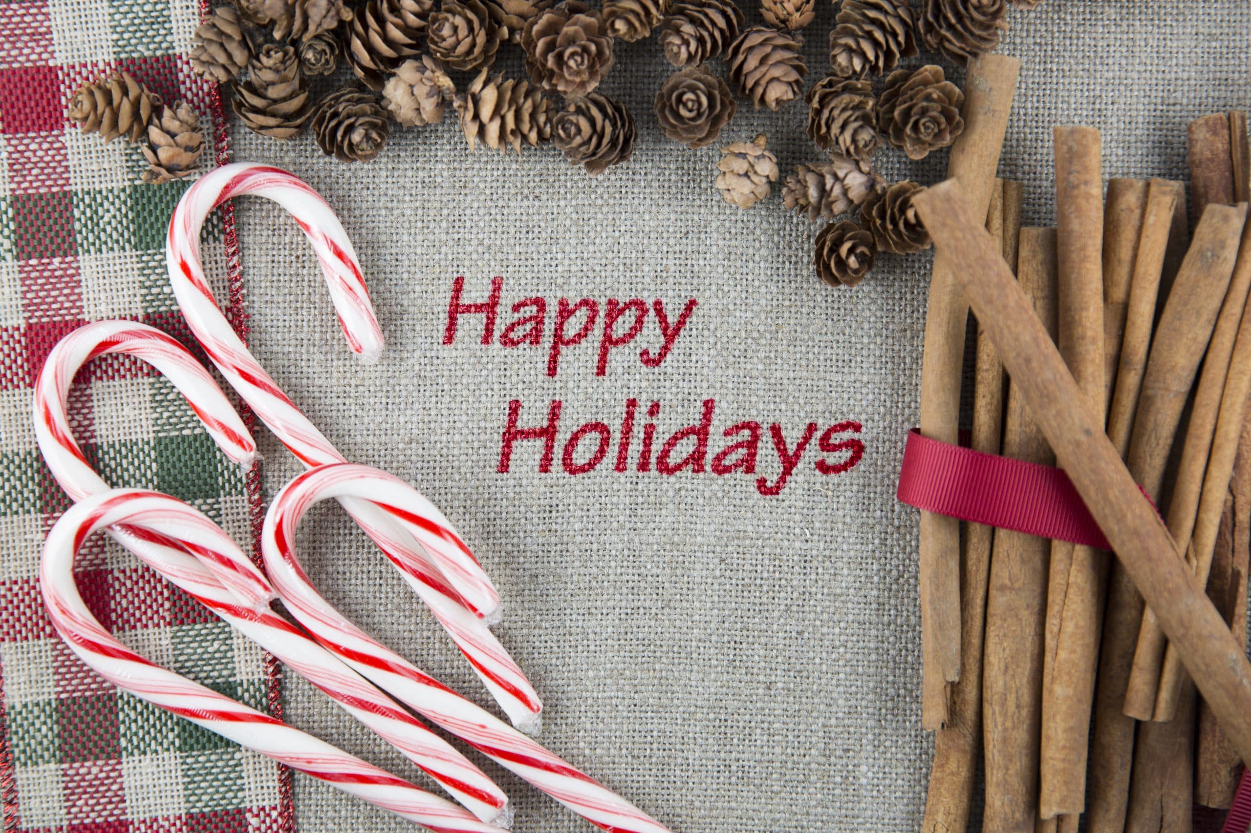 Festive holiday scene with candy canes and pinecones.