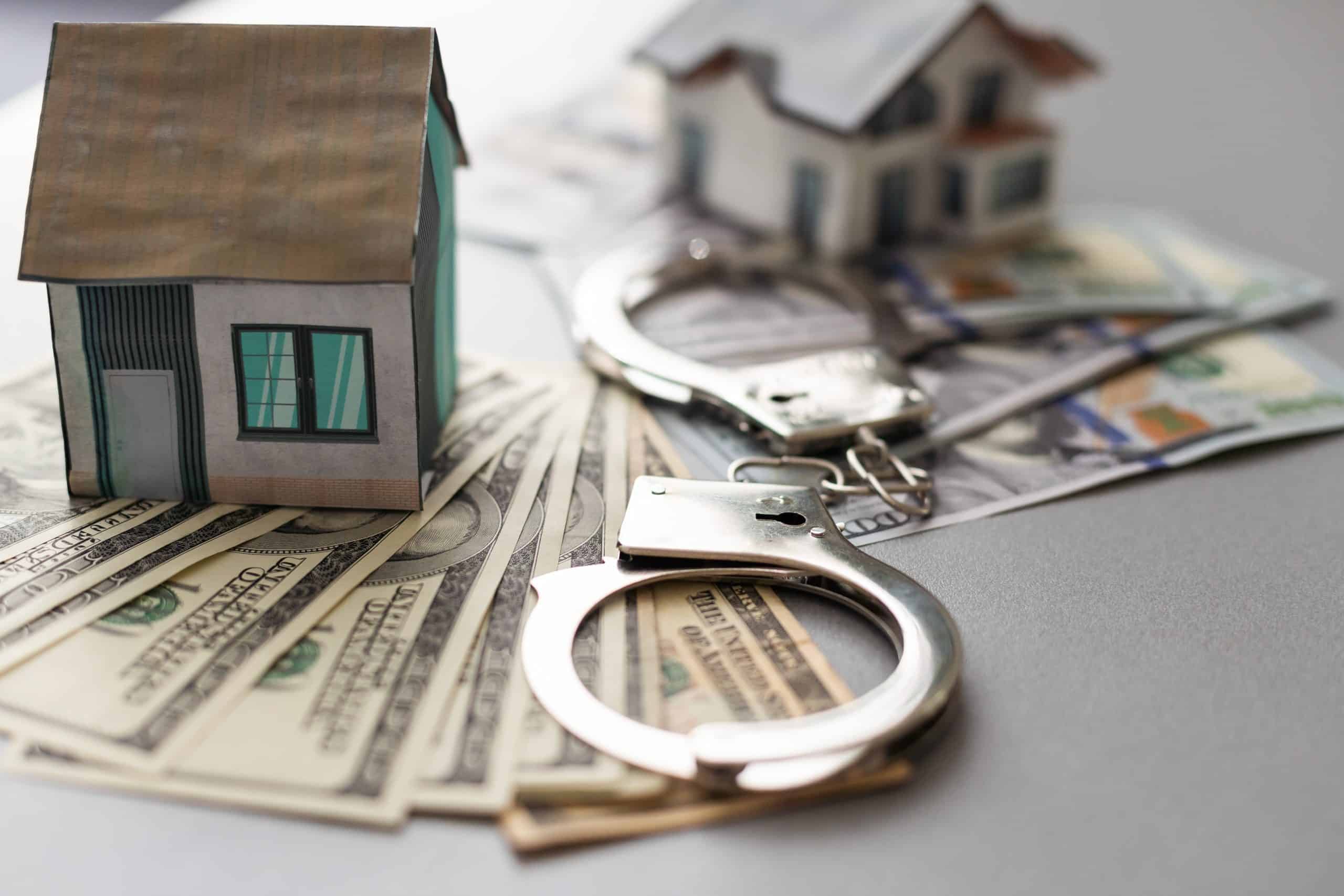 House model on dollar bills with handcuffs