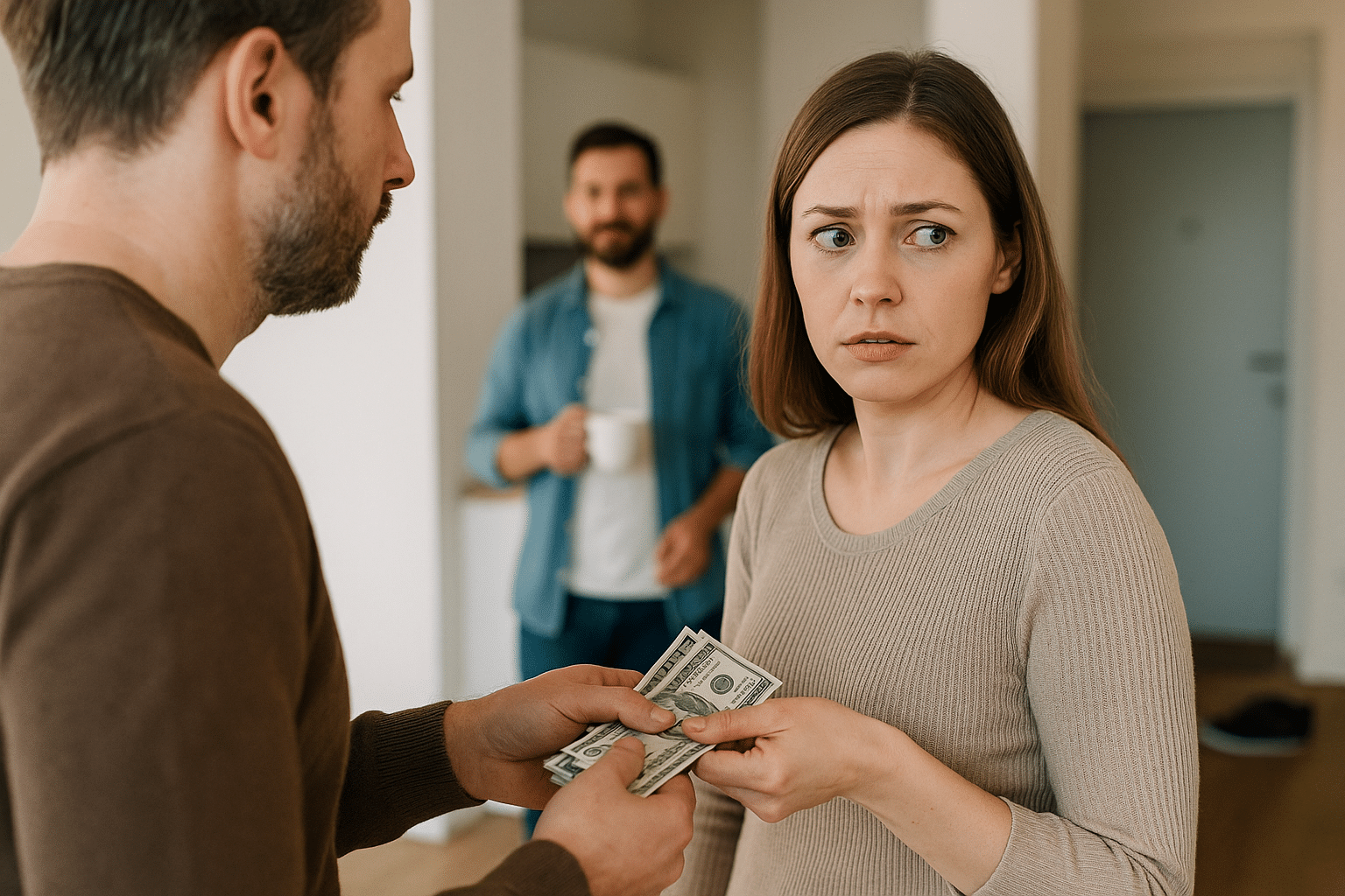 Couple exchanging money, man observes background.
