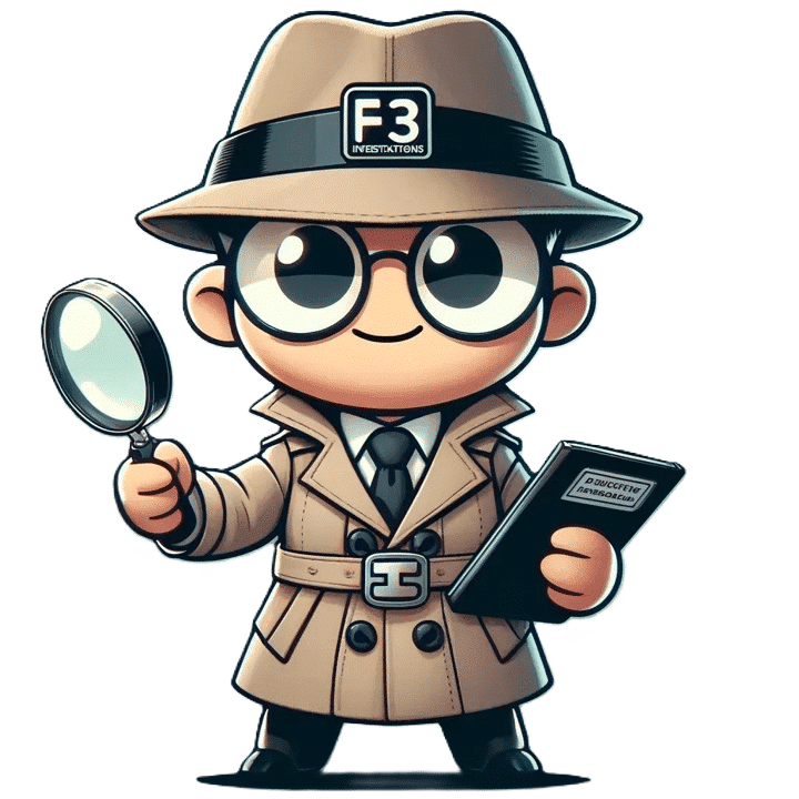 Cartoon detective with magnifying glass and clipboard.