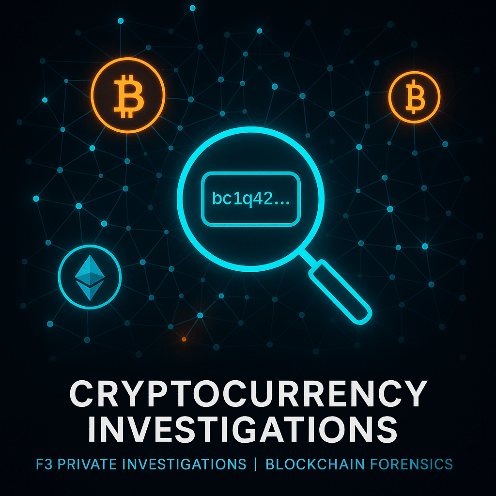 Cryptocurrency investigations and blockchain forensics graphic.