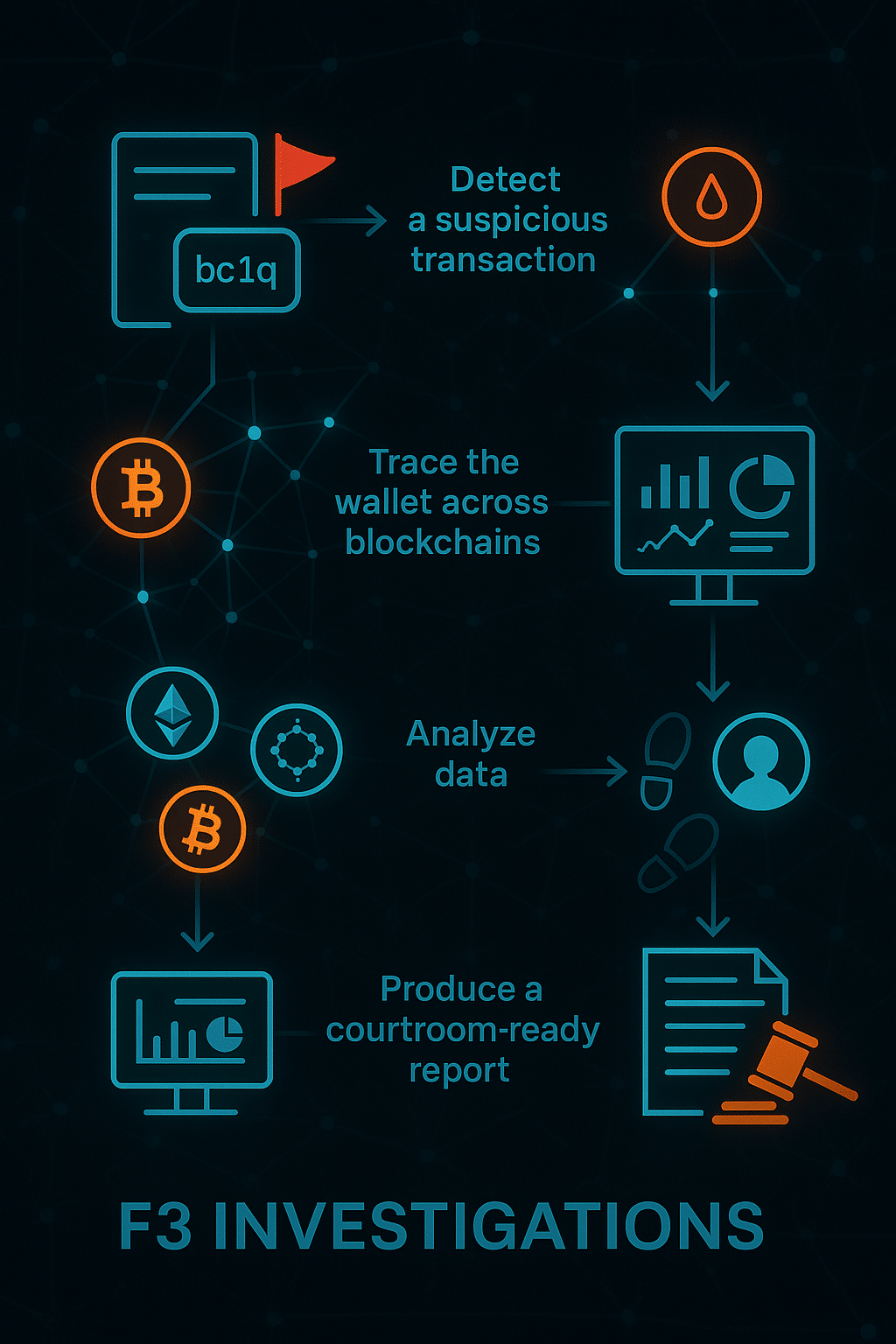 Blockchain investigation: detect, trace, analyze suspicious transactions.