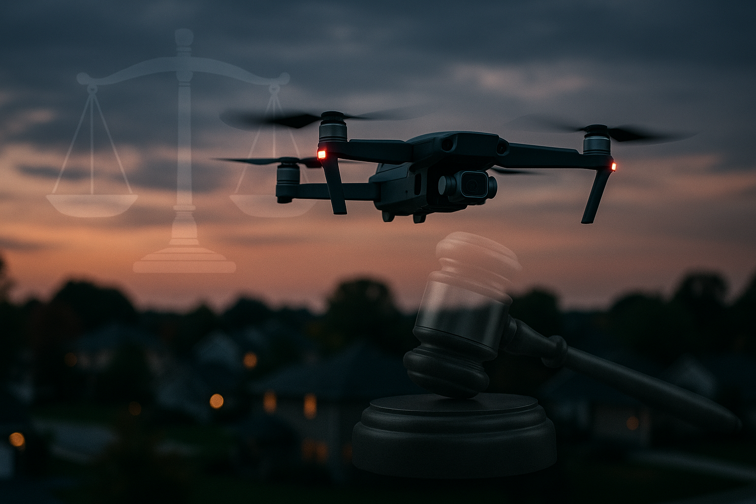 Drone and gavel at sunset, legal scales overlay.