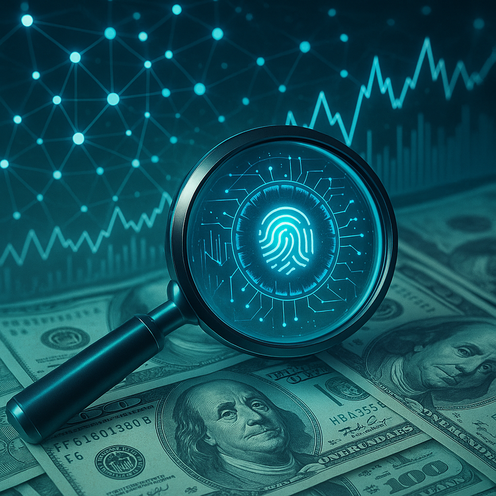 Magnifying glass, fingerprint, digital data, dollar bills.